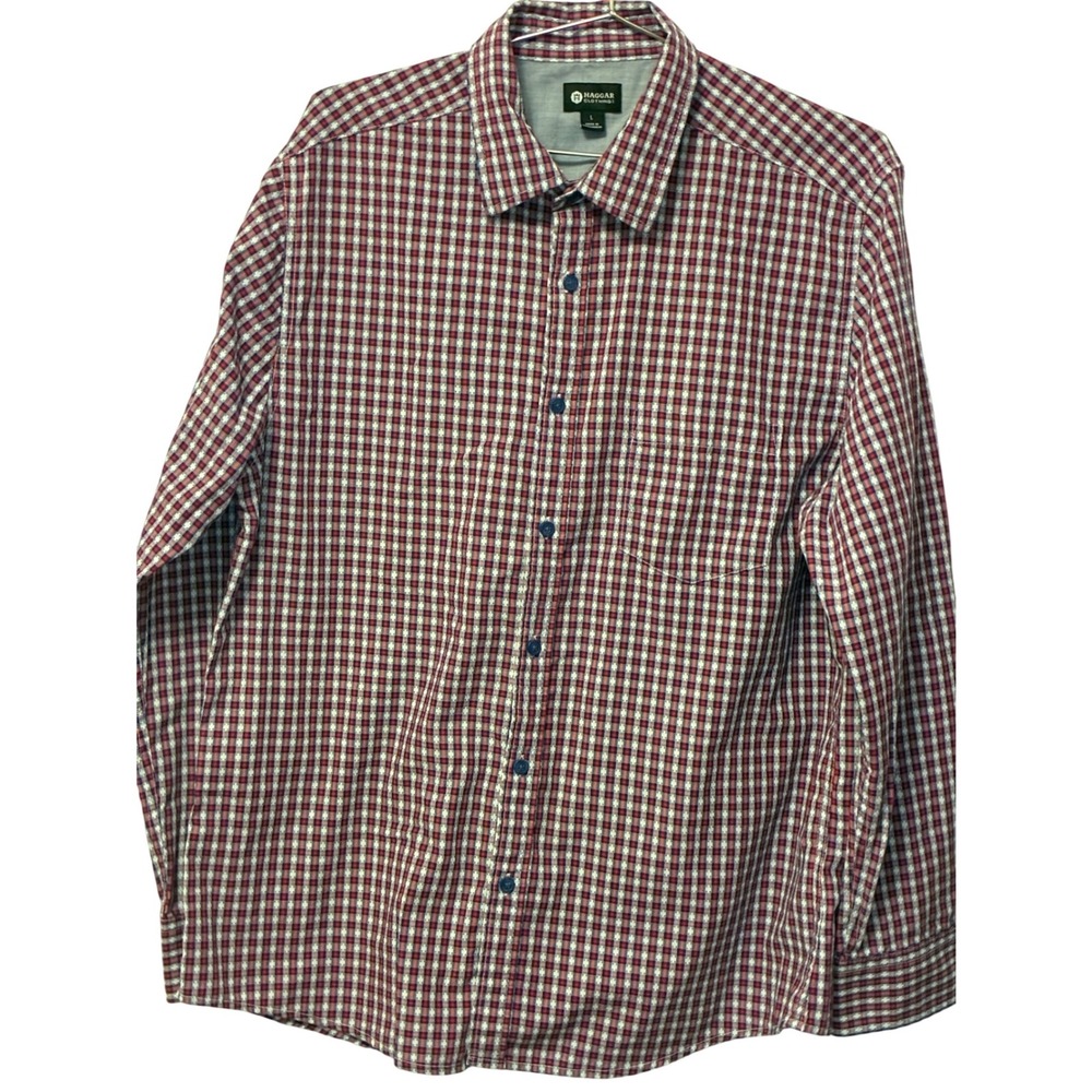 VTG Haggar Mens Large Red Blue Plaid Long Sleeve Button Down 💯 Cotton Shirt